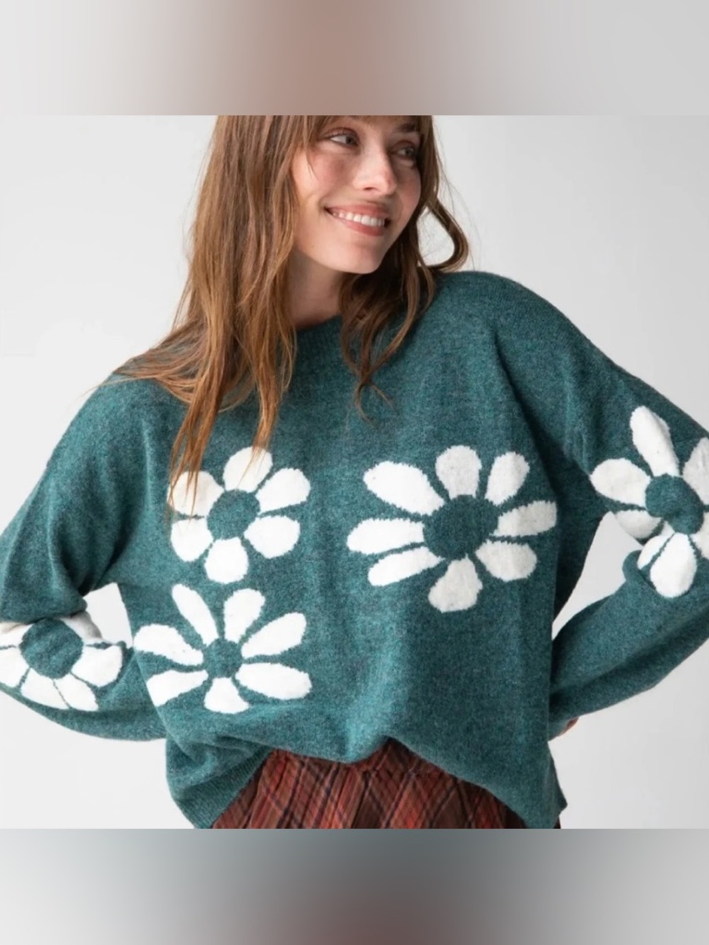 NATURAL LIFE Knit Intarsia Flower Crewneck Wool Blend Seafoam Sweater Size L